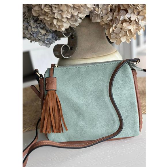 NEW JEN & CO. women's the sabrina two tone crossbody bag in teal/brown - Picture 2 of 3
